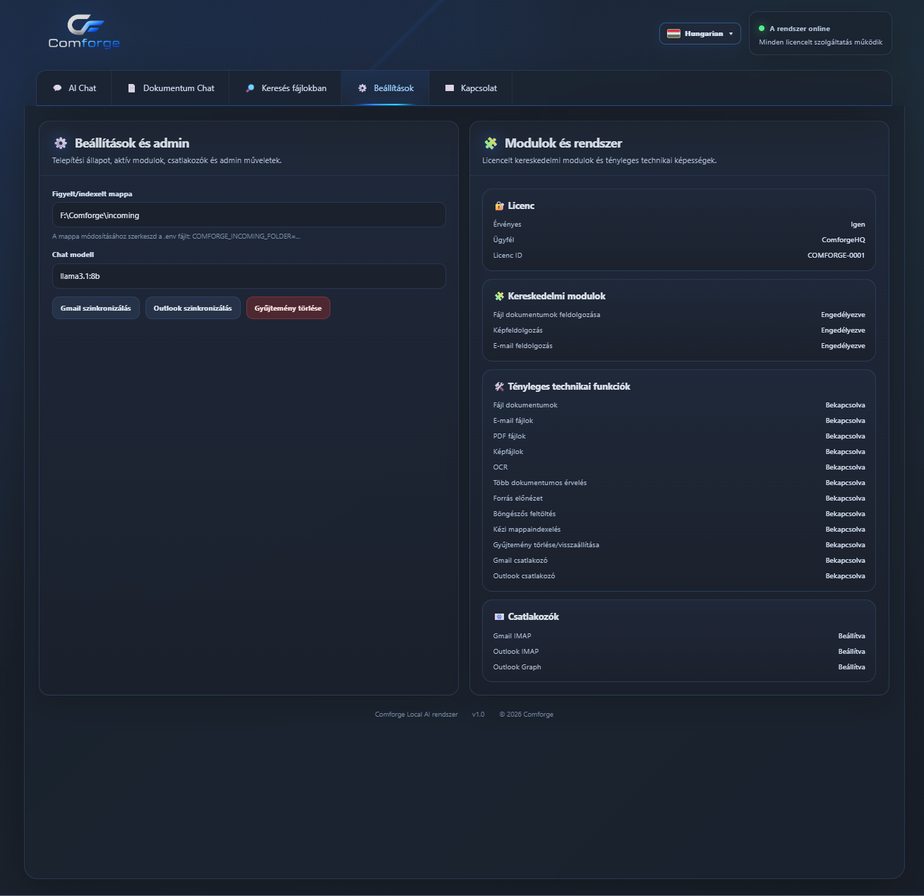 Comforge Settings administration screen