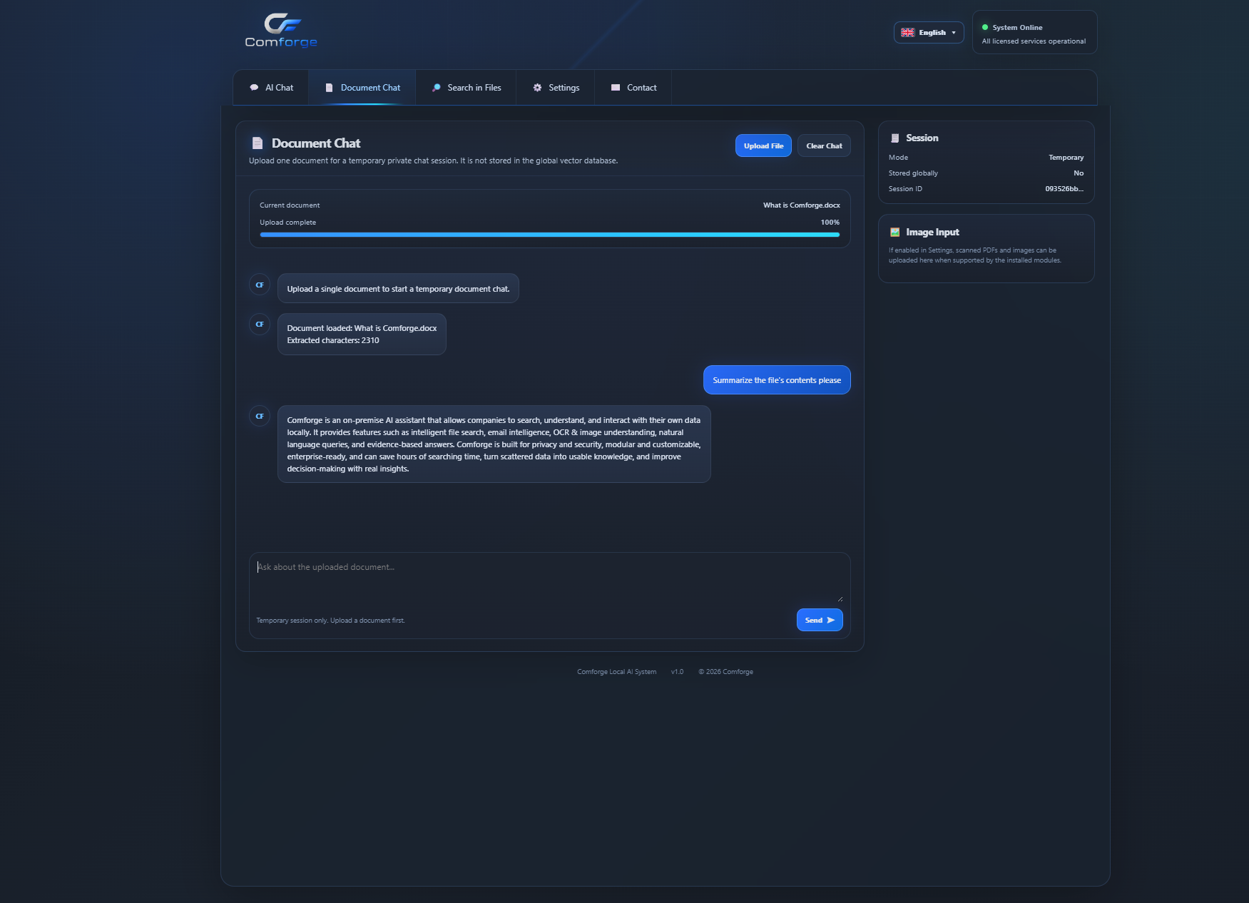 Comforge Document Chat screen with an uploaded document