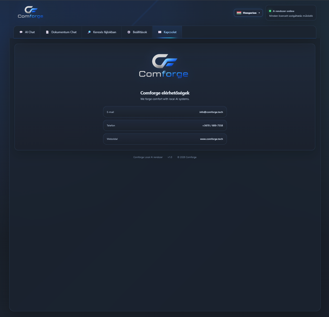 Comforge Contact screen