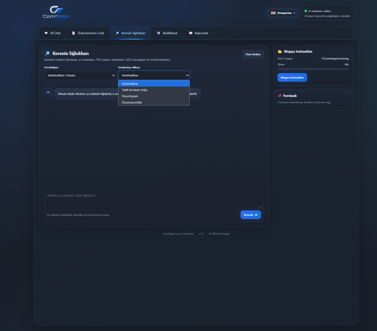 Comforge search screen with result style selector